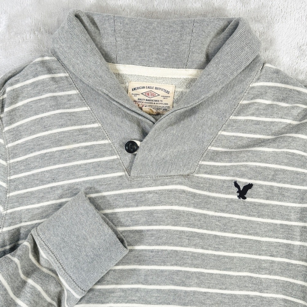 American Eagle Sweater Mens Large Gray Y2K Striped Shawl Collar Pullover Preppy